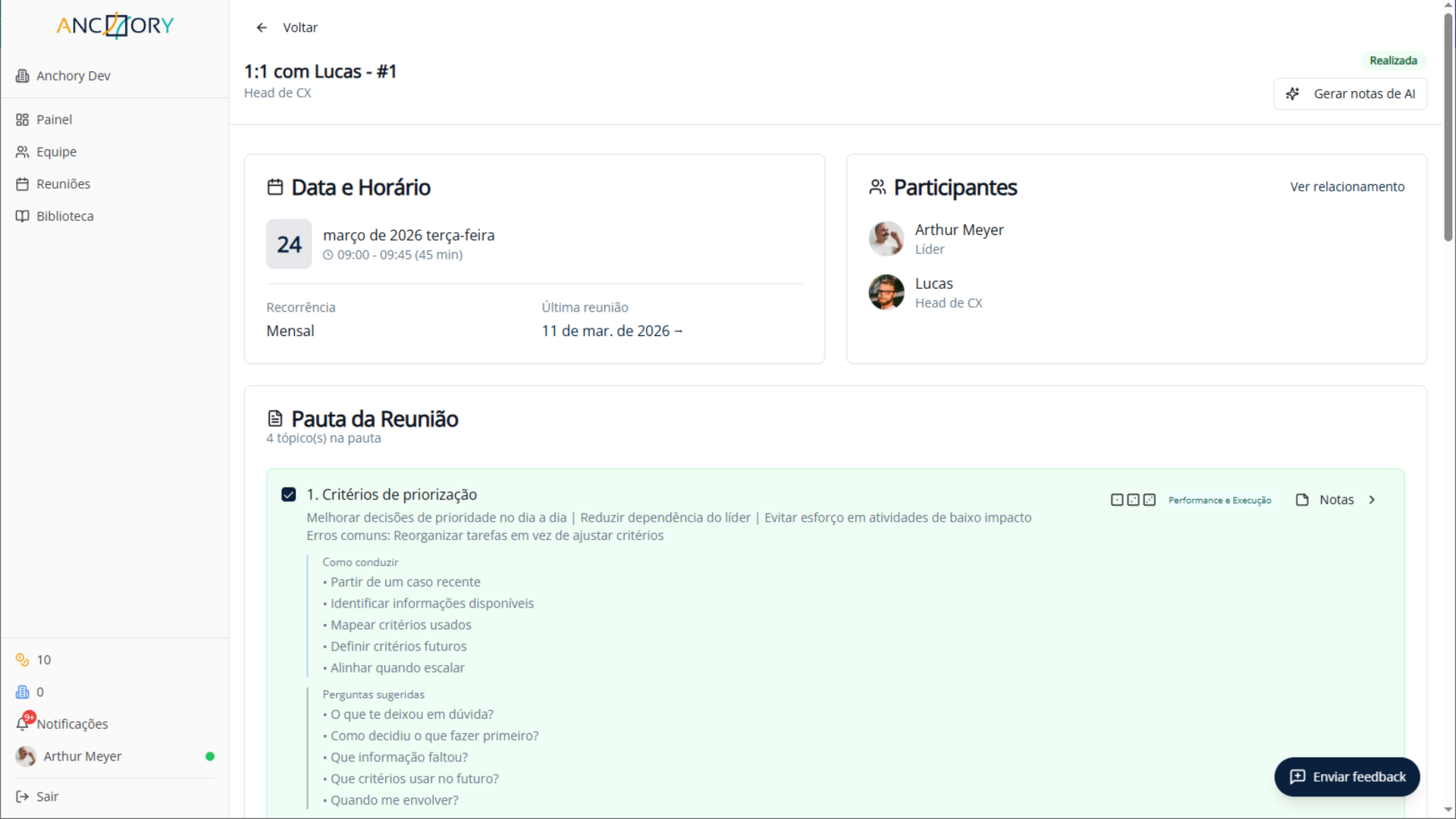 Tela de reunião 1:1 realizada no Anchory